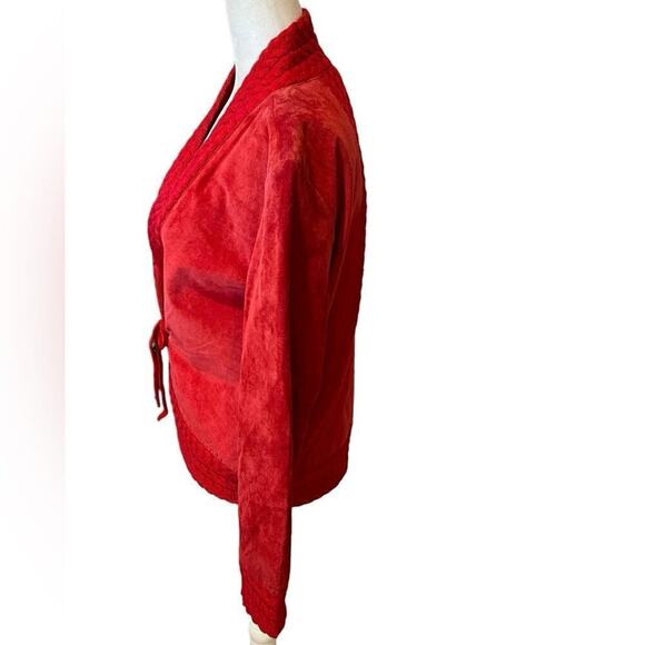 Coldwater Creek Red Suede Leather Jacket With Cable Knit Trim & Button Closure S - Picture 5 of 12